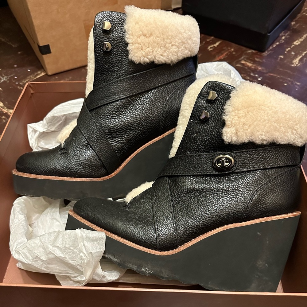 COACH KENNA Shearling wedge booties black sz 9